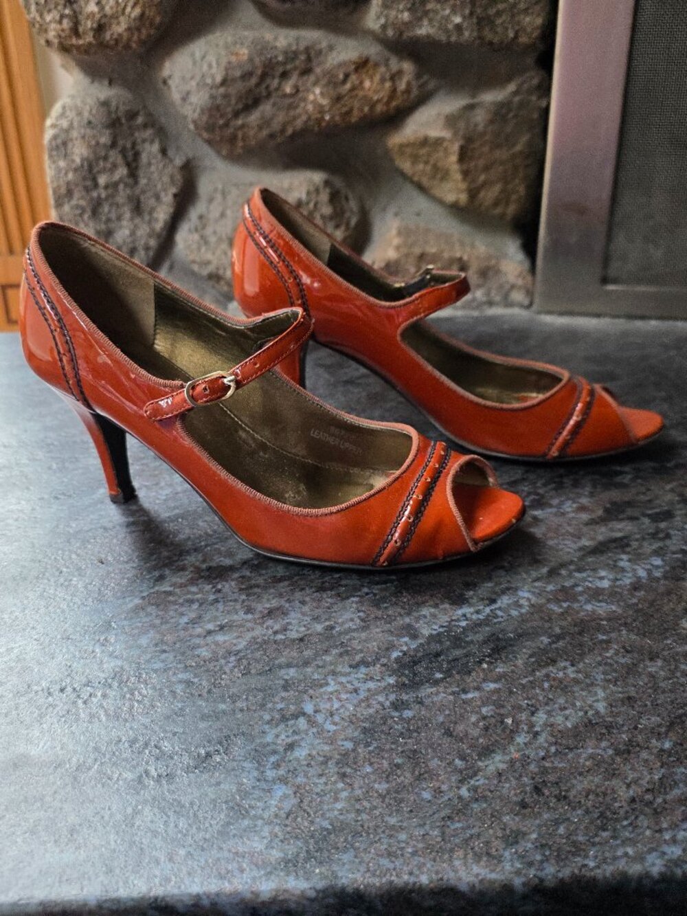 J. Crew Burnt Sienna Patent Leather Open Toe Pumps Size 7.5